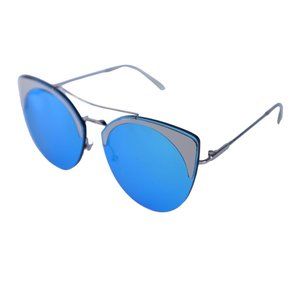 Blind Kitty Cat Eye Sunglasses with Blue Mirrored Lens w Silver Tone Metal Frame